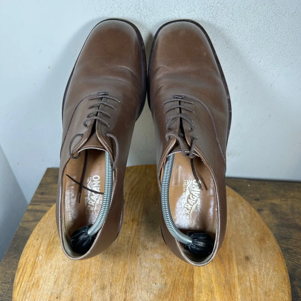 Salvatore Ferragamo Mens Brown Leather Oxford Dress Shoes Size 11.5 EE Wide